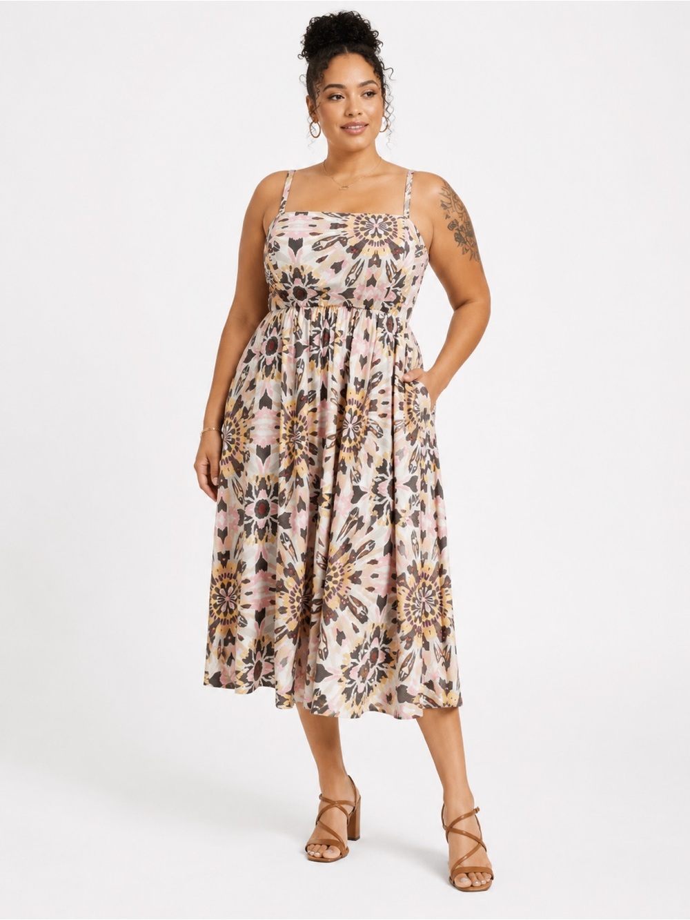 Torrid 00 Ivory Medallion Print Smocked Midi Dress Boho Cottagecore 10/12